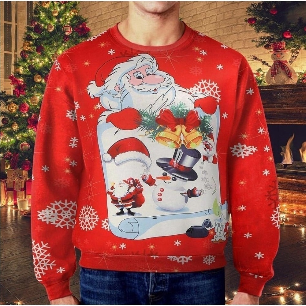Mens Ugly Christmas Sweater Red Santa Snowman Print Long Sleeve Crewneck XL